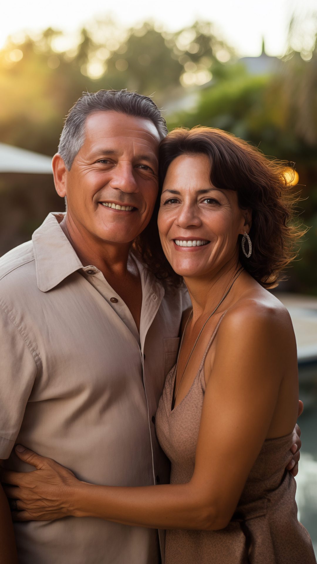 portrait of a older hispanic couple outdoors with a luxury swimming pool in the background