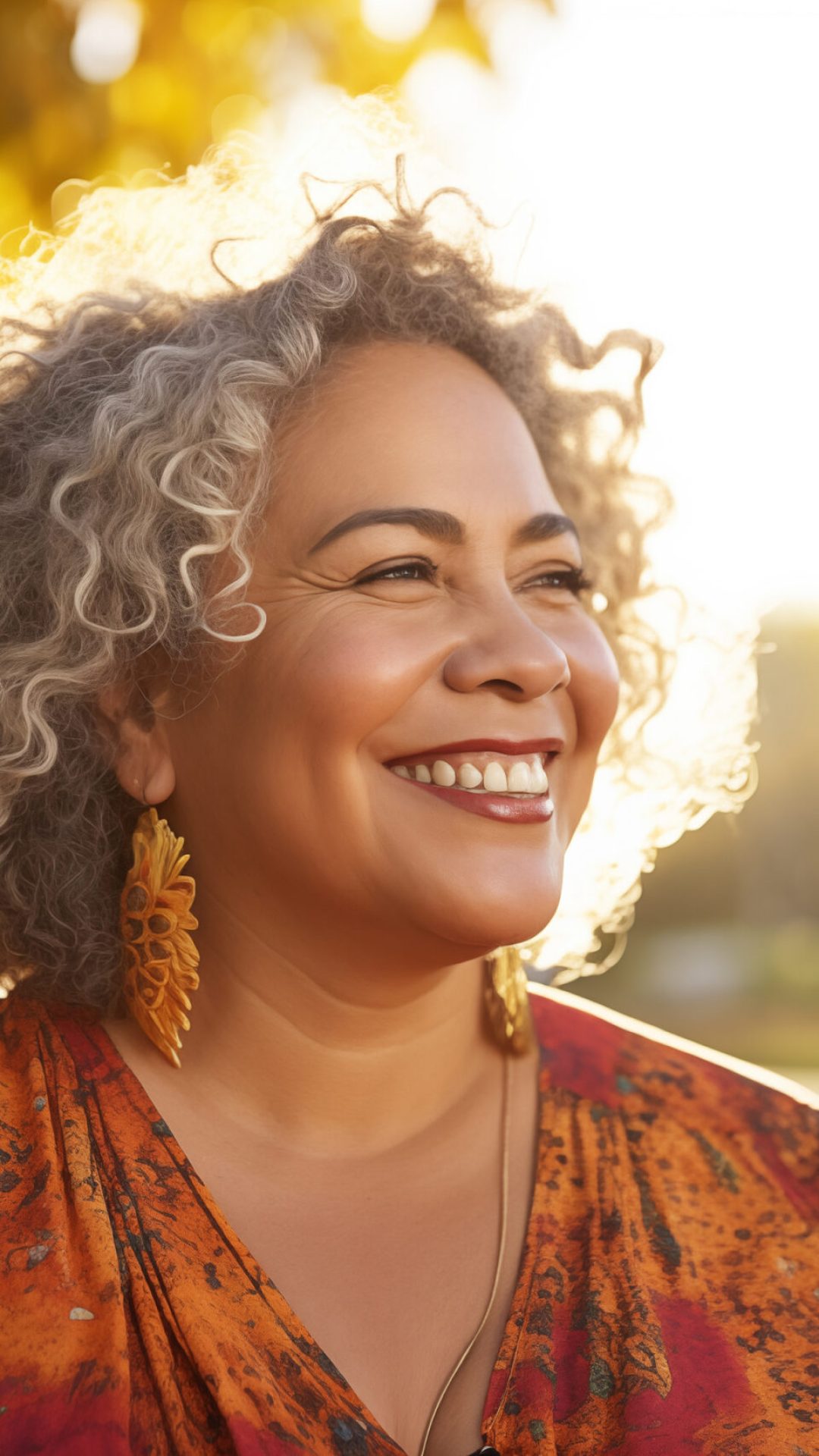 Close up portrait of a older Latino woman with short gray curly hair looking off with a smile at sunset outdoors